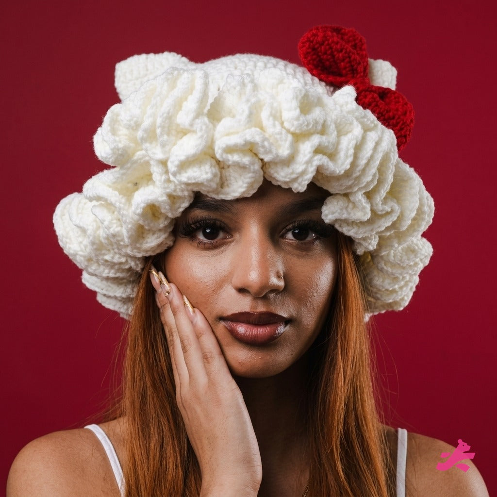 White crochet ruffle hat with red bow, hand on cheek, on cherry red