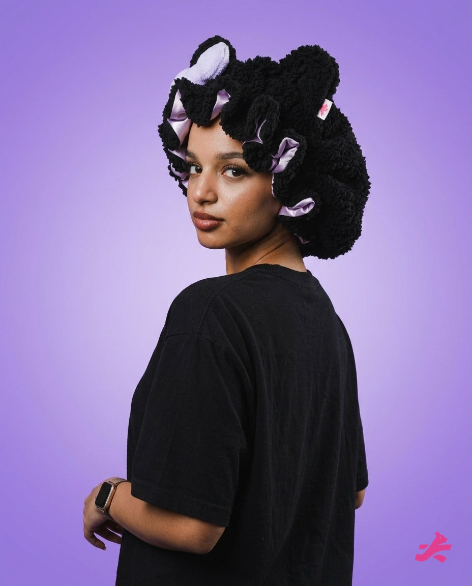 Black plush teddy bonnet, back view