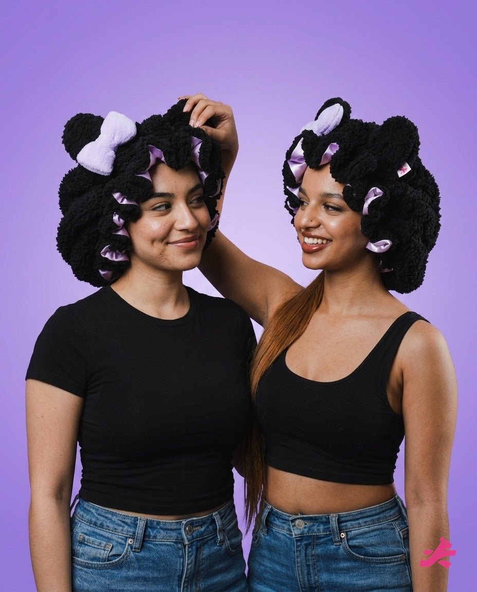 Two friends in black plush teddy bonnets