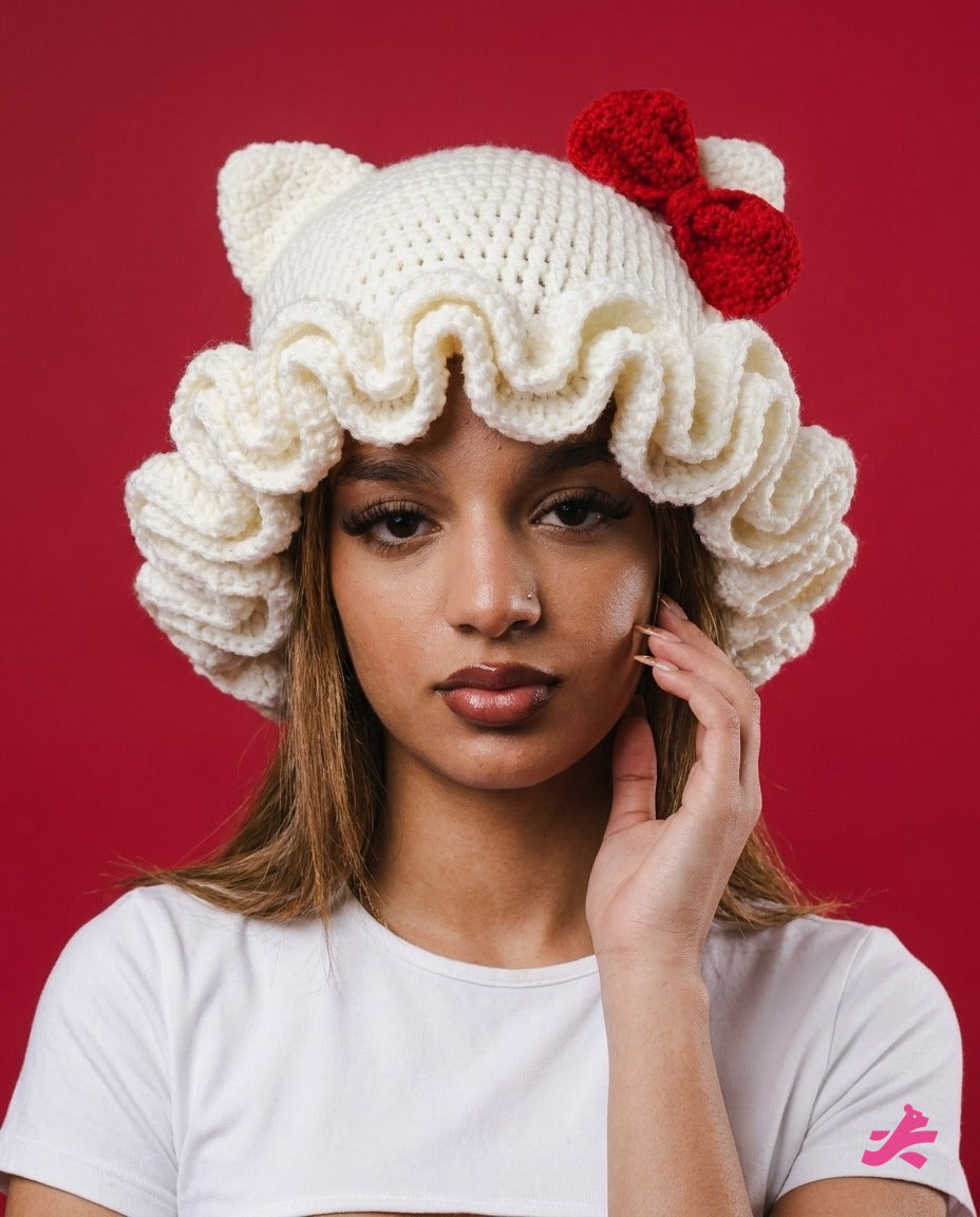Crochet ruffle hat close up, front view