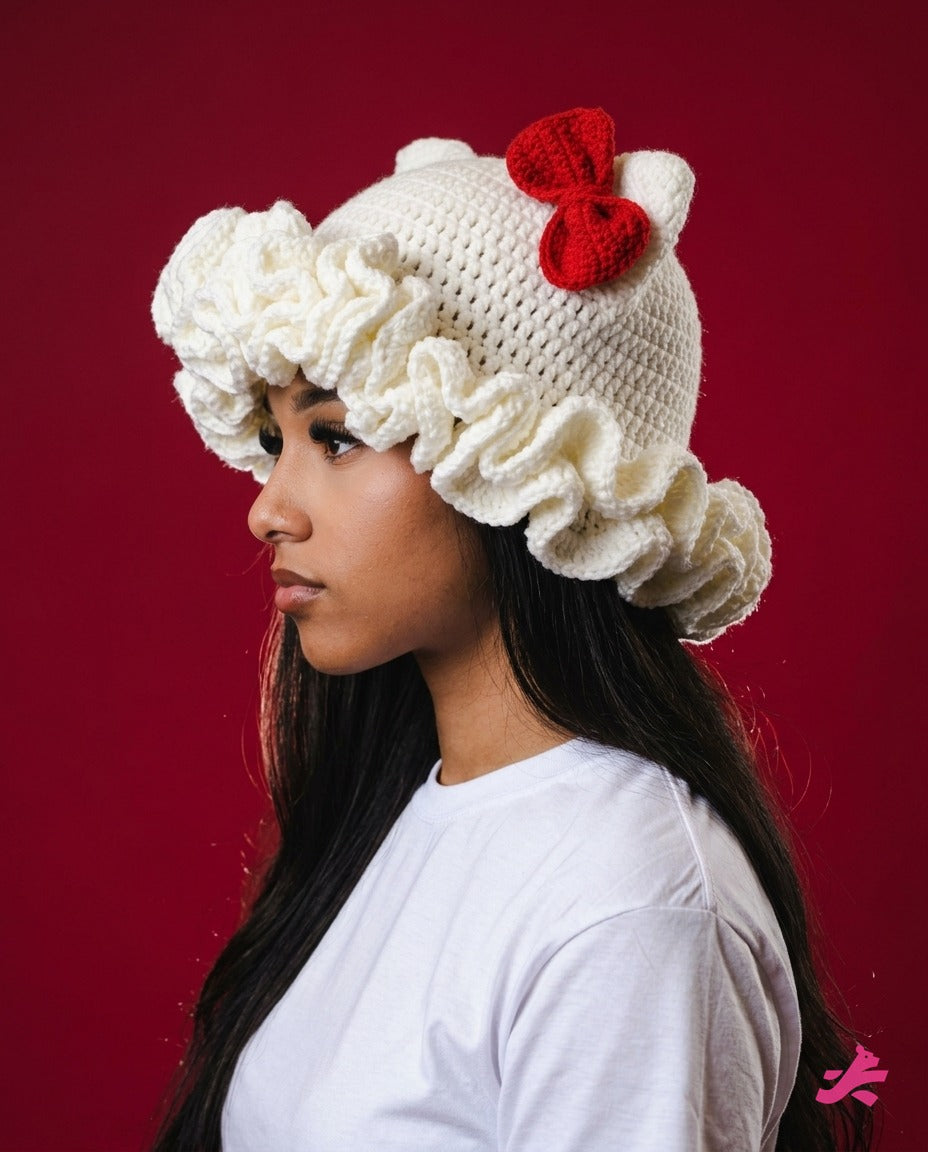 Crochet ruffle hat, side view